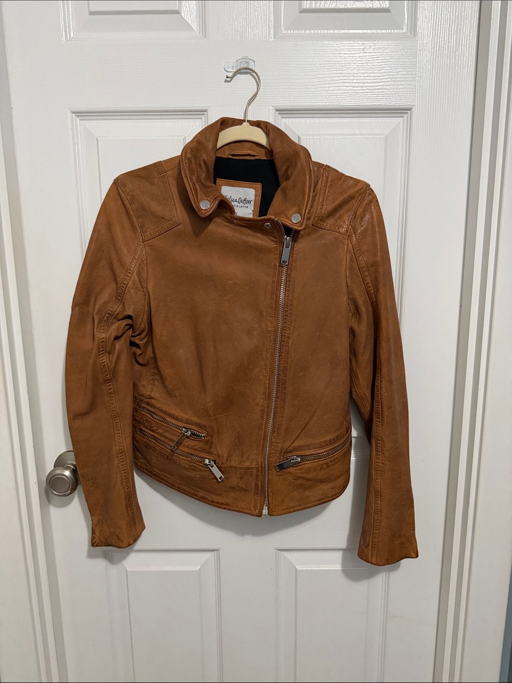 Women's Cognac Leather Moto Jacket with Asymmetrical Zip